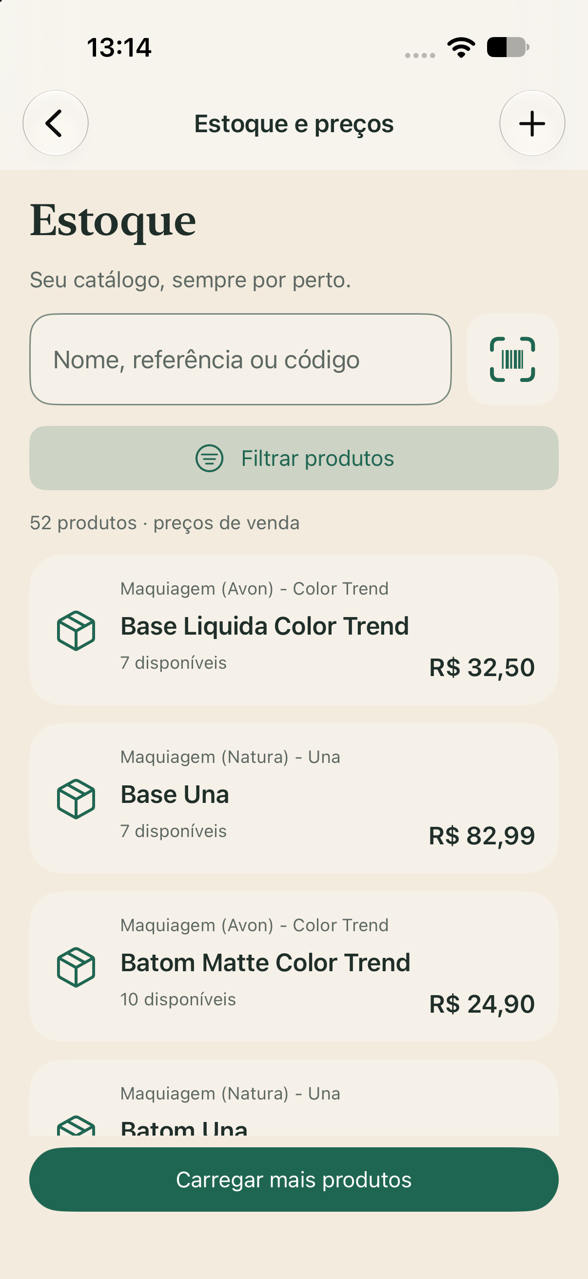 Captura real do TemEstok no iOS: estoque e preços, com busca por nome, referência ou código de barras e lista de produtos.